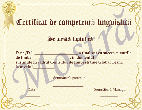 Certificat de competență lingvistică Global Team - exemplu
